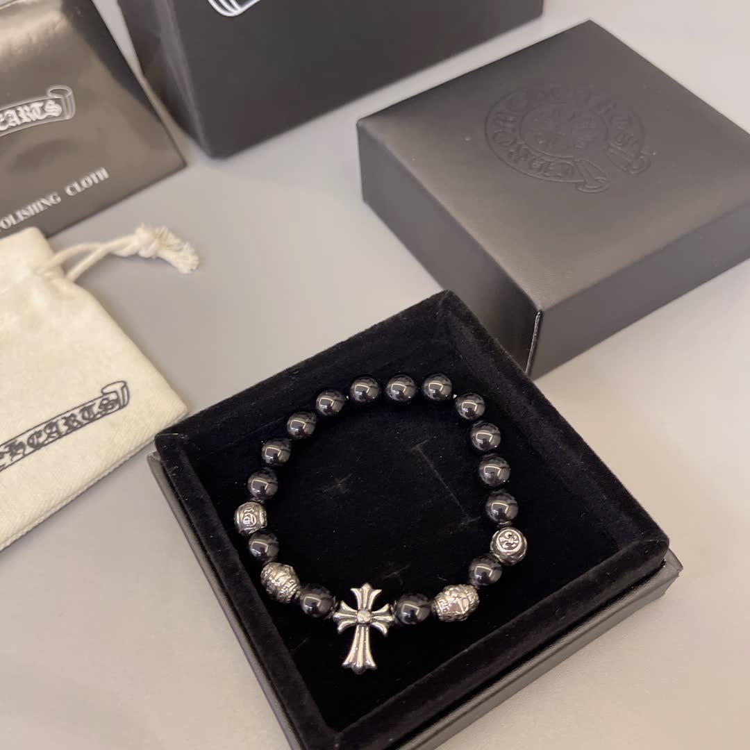 Chrome Hearts Black Bead Bracelet with Cross